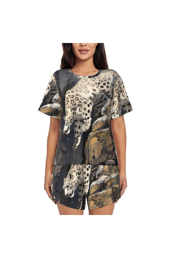 Graceful Snow Leopard Print Womens Pajama Sets 2 Piece Soft Short Sleeve Top and Shorts Sleepwear Round Neck Pjs Lounge Set