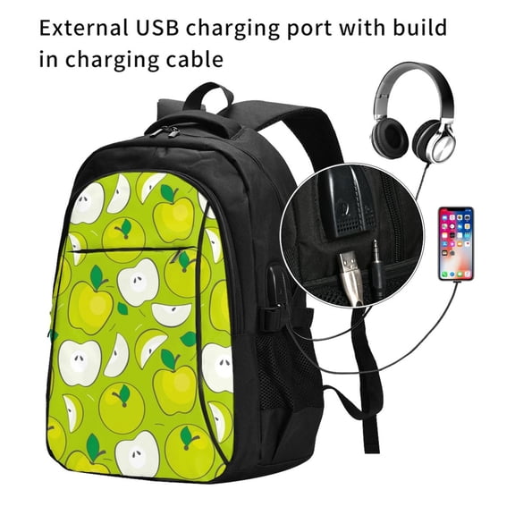 Ratiio Green Apple Print Travel Laptop Backpack,Slim Sturdy Laptops Backpack with USB Charging Port, Water Resistant College School Computer Bag