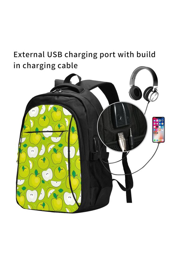 Green Apple Print Travel Laptop Backpack,Slim Sturdy Laptops Backpack with USB Charging Port, Water Resistant College School Computer Bag