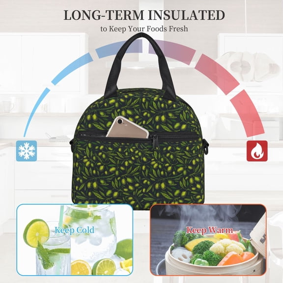 Ratiio Green Branch Olive Pattern Lunch Bag ,Insulated Lunch Box, Small Leakproof Cooler Food Lunch Containers Reusable High Capacity Lunch Tote Bags