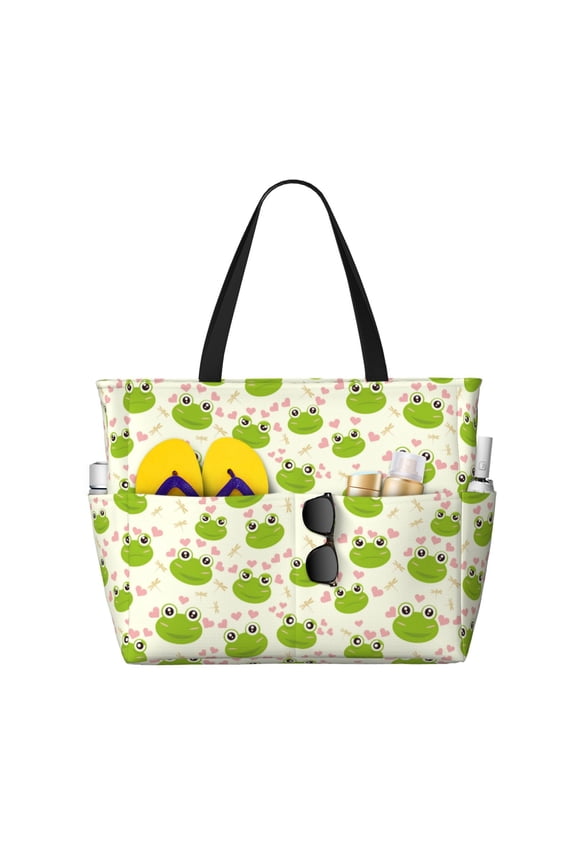 Green Frog Print Large Capacity Beach Travel Bag, Polyester Waterproof Tote Bag with Zipper for Vacation and Daily Use