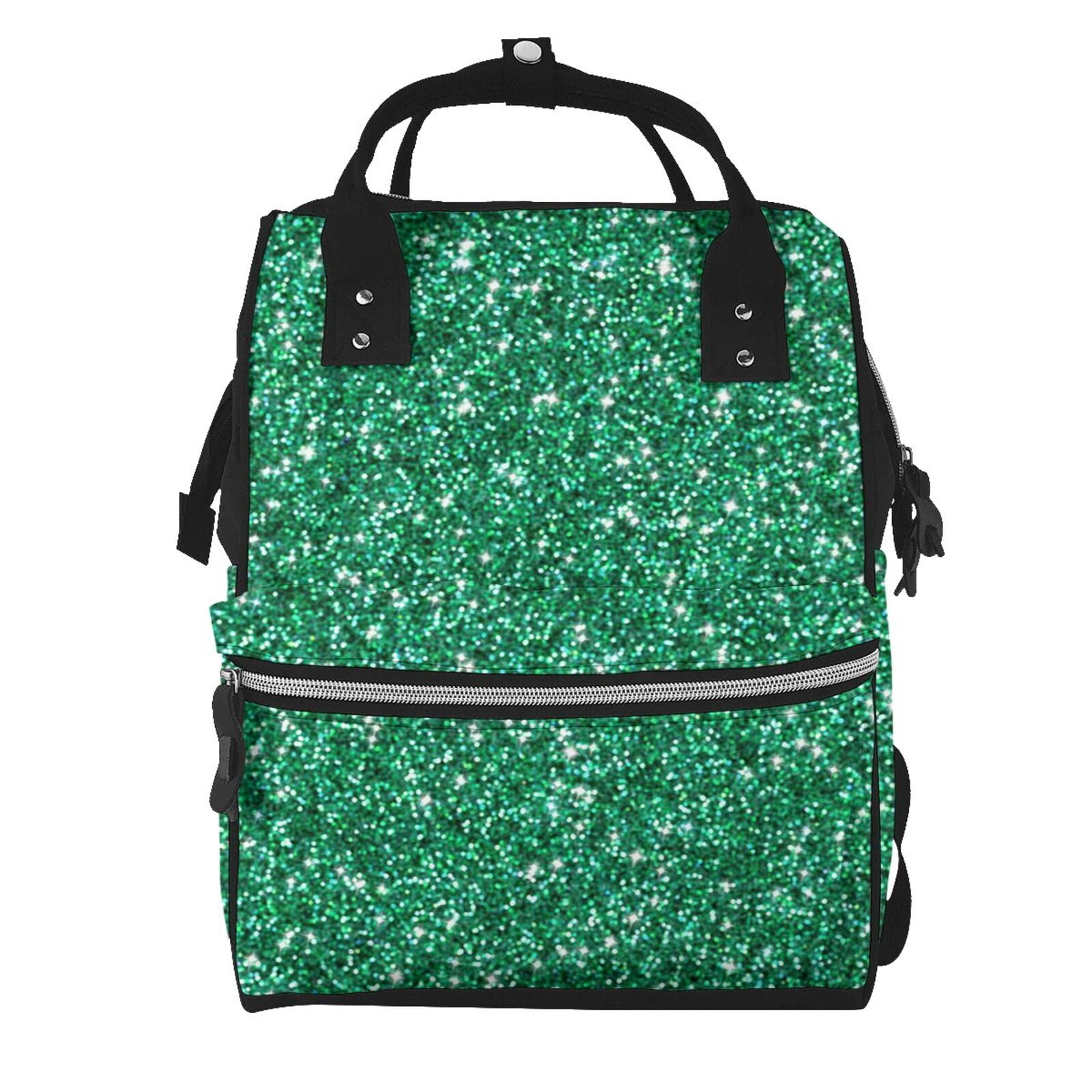 Ratiio Green Glitter Mummy Backpack - Waterproof Twill Canvas, Large Capacity Diaper Bag with Multiple Pockets and Adjustable Straps