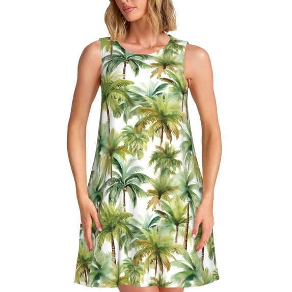 Ratiio Green Hawaii Palms Pattern Women's Sleeveless Dress - Casual Summer Dress with Pockets, Above Knee Length, Round Neck, Ideal for Beach, Vacation, Work