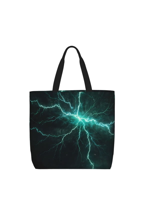 Green Lightning Flash Print Reusable Grocery Bag Shopping Bags with Zipper Shoulder Shopping Handle Bag Suitable for Outdoor Convenient Daily Bag