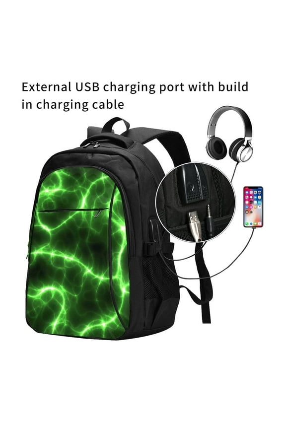 Green Lightning Print Travel Laptop Backpack,Slim Sturdy Laptops Backpack with USB Charging Port, Water Resistant College School Computer Bag