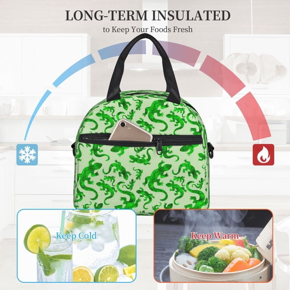 Ratiio Green Lizard Pattern Lunch Bag ,Insulated Lunch Box, Small Leakproof Cooler Food Lunch Containers Reusable High Capacity Lunch Tote Bags