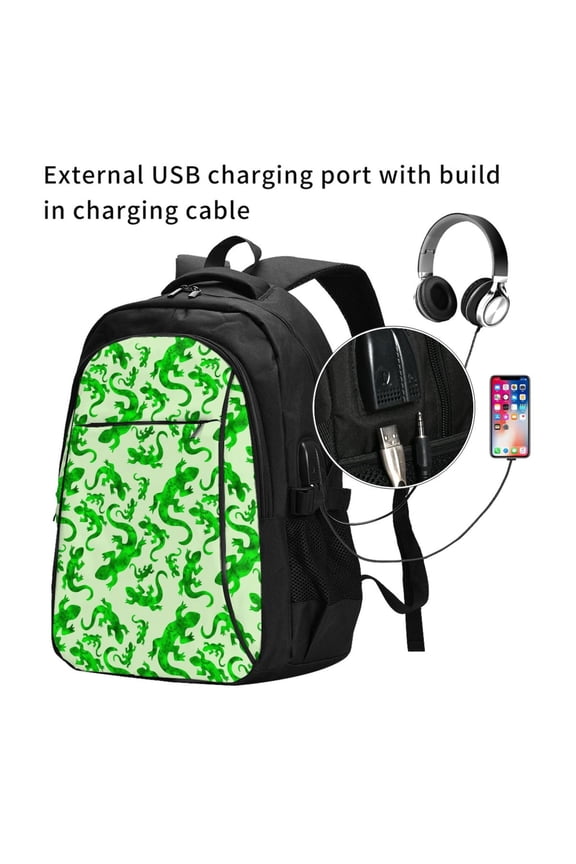 Green Lizard Print Travel Laptop Backpack,Slim Sturdy Laptops Backpack with USB Charging Port, Water Resistant College School Computer Bag