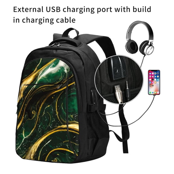 Ratiio Green Marble Print Travel Laptop Backpack,Slim Sturdy Laptops Backpack with USB Charging Port, Water Resistant College School Computer Bag