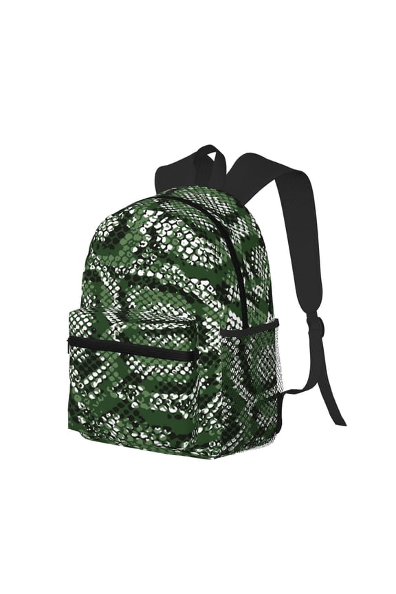 Green Snakeskin Print Casual Backpack for Men and Women, Water Resistant Oxford Fabric School Bag Lightweight Travel Daypack