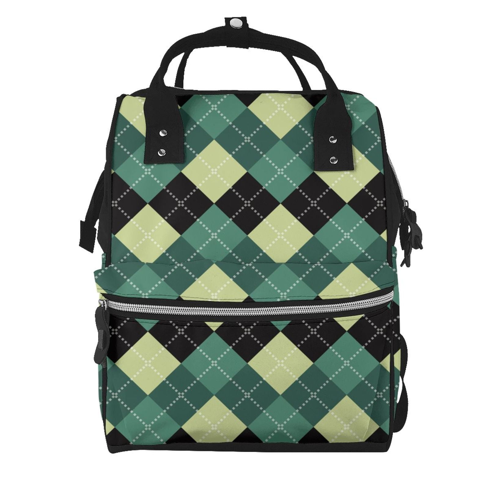 Ratiio Green Squares Mummy Backpack - Waterproof Twill Canvas, Large Capacity Diaper Bag with Multiple Pockets and Adjustable Straps