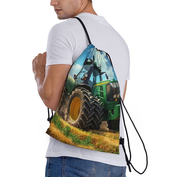 Ratiio Green Tractor Field Print Drawstring Backpack Bag Sport Gym Sackpack Heavy Duty String Backpack for Men Women