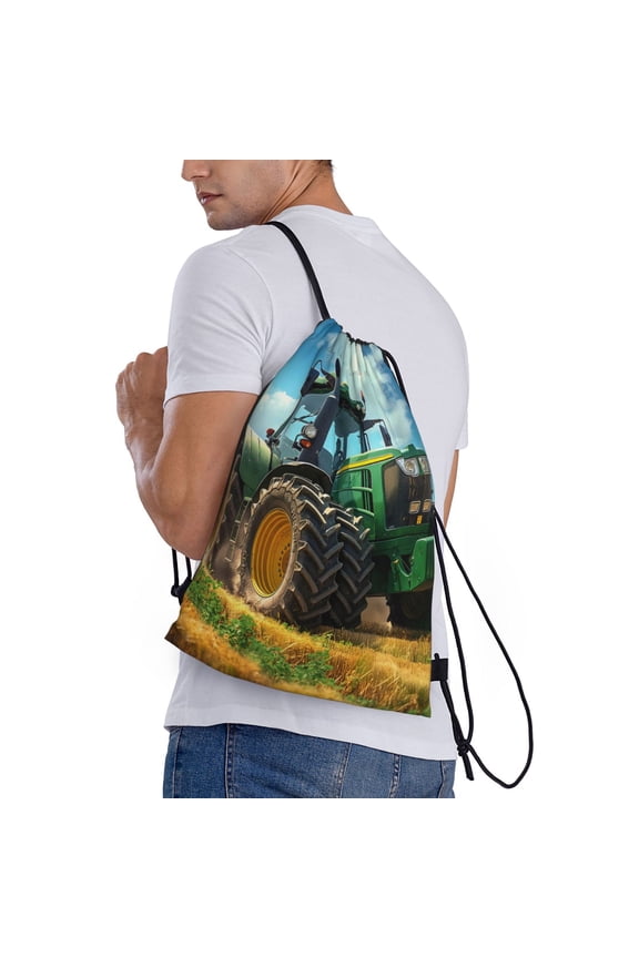 Green Tractor Field Print Drawstring Backpack Bag Sport Gym Sackpack Heavy Duty String Backpack for Men Women
