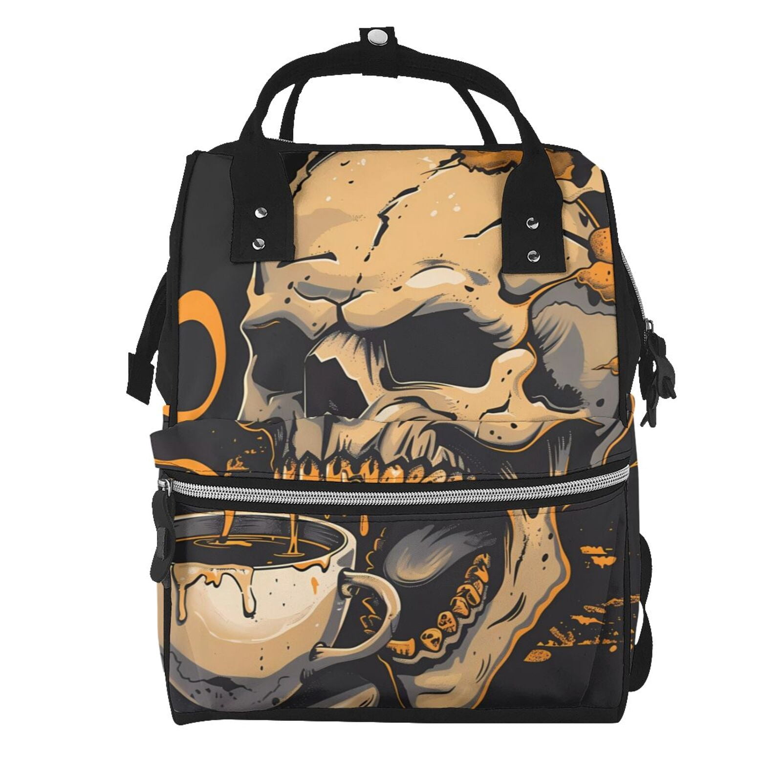 Ratiio Grim Coffee Skull Mummy Backpack - Waterproof Twill Canvas, Large Capacity Diaper Bag with Multiple Pockets and Adjustable Straps