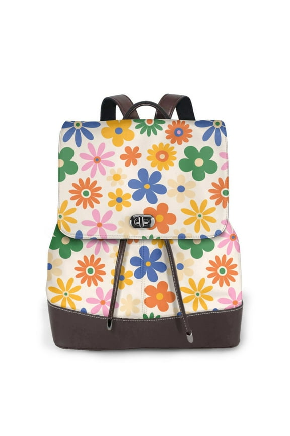 Groovy Daisy Flowers Pattern Womens Backpack Purse Leather Backpack Purse for Women Travel Fashion Backpack Designer Ladies Shoulder Bags