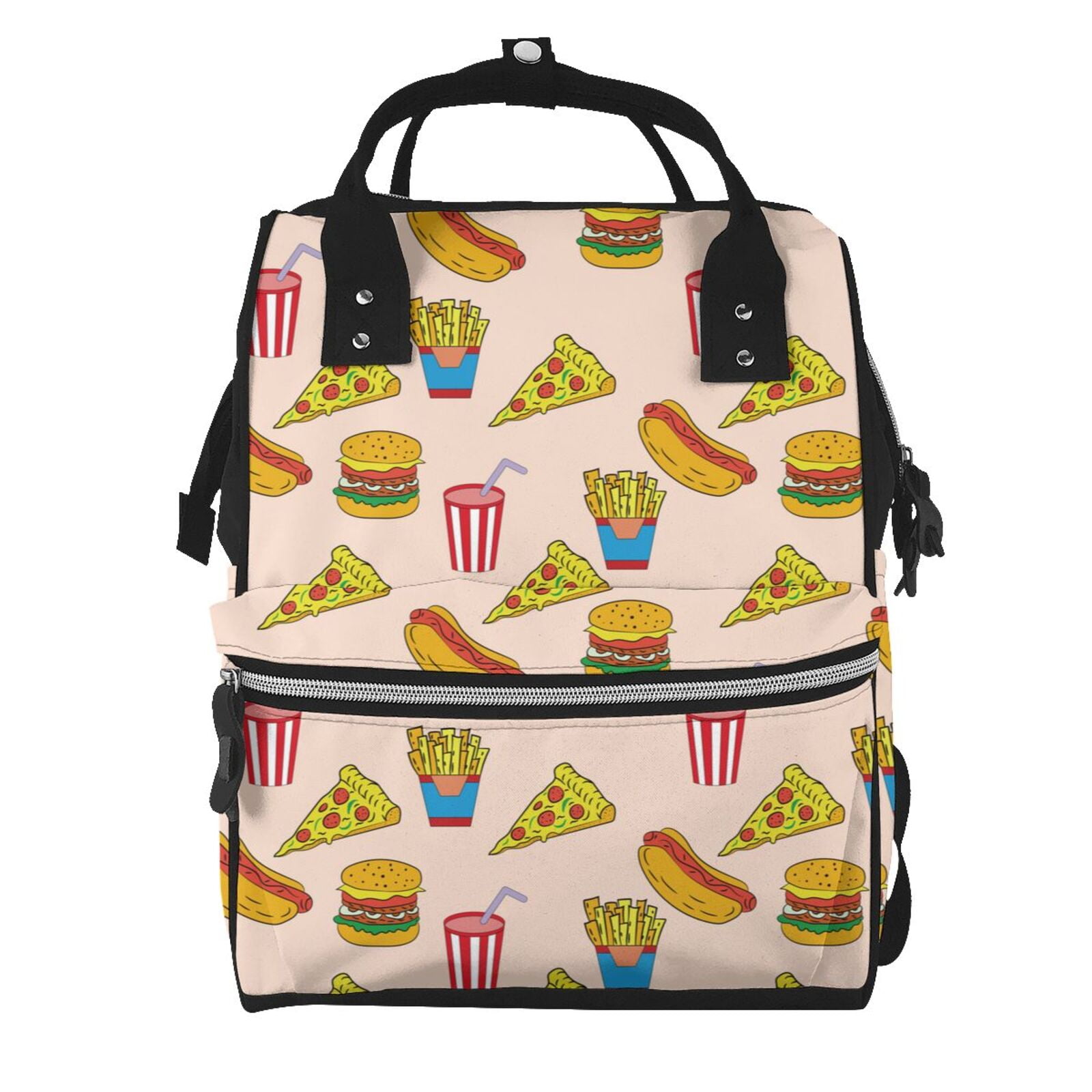 Ratiio Hamburger Pizza Coke Mummy Backpack - Waterproof Twill Canvas, Large Capacity Diaper Bag with Multiple Pockets and Adjustable Straps