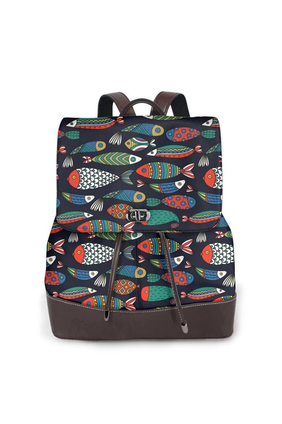Hand Drawn Colorful Fishes Pattern Womens Backpack Purse Leather Backpack Purse for Women Travel Fashion Backpack Designer Ladies Shoulder Bags