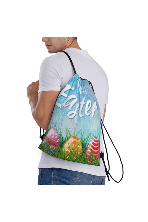 Happy Easter Print Drawstring Backpack Bag Sport Gym Sackpack Heavy Duty String Backpack for Men Women