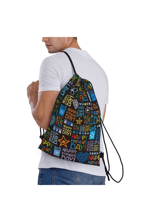 Happy Father Day Print Drawstring Backpack Bag Sport Gym Sackpack Heavy Duty String Backpack for Men Women
