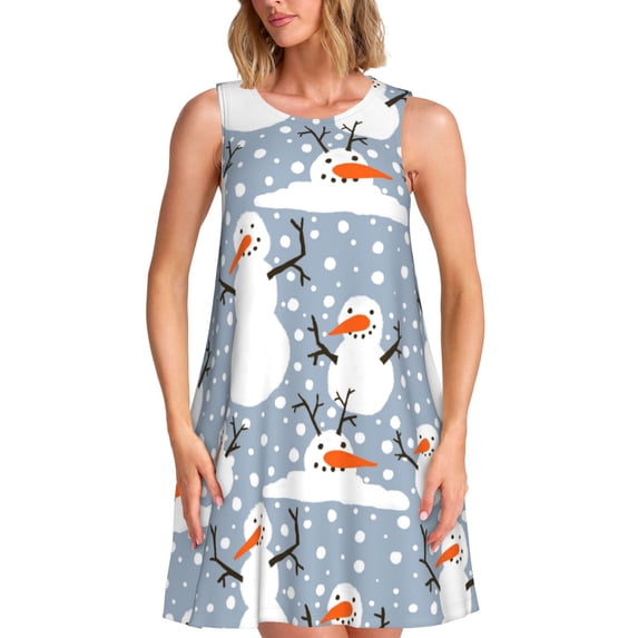 Ratiio Happy Snowmen Snowfall Pattern Women's Sleeveless Dress - Casual Summer Dress with Pockets, Above Knee Length, Round Neck, Ideal for Beach, Vacation, Work