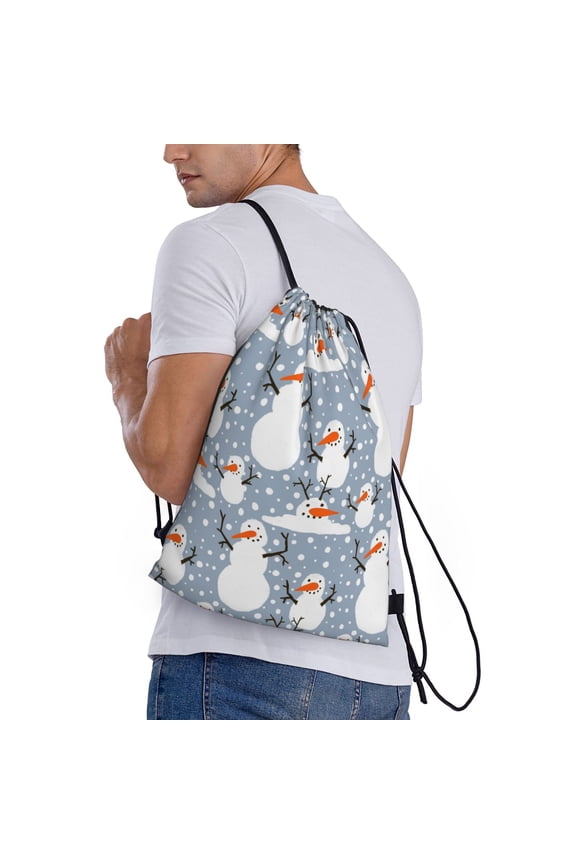 Happy Snowmen Snowfall Print Drawstring Backpack Bag Sport Gym Sackpack Heavy Duty String Backpack for Men Women
