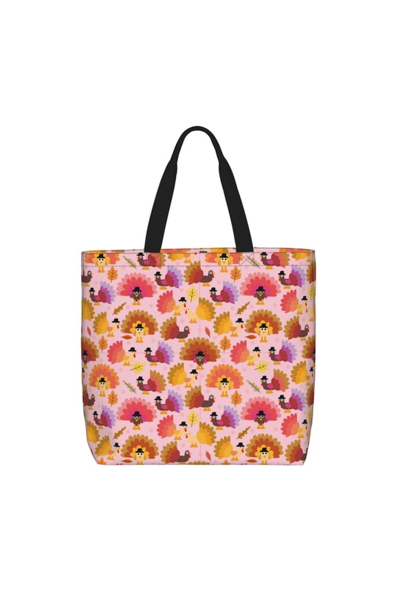 Happy Thanksgiving Turkey Print Reusable Grocery Bag Shopping Bags with Zipper Shoulder Shopping Handle Bag Suitable for Outdoor Convenient Daily Bag