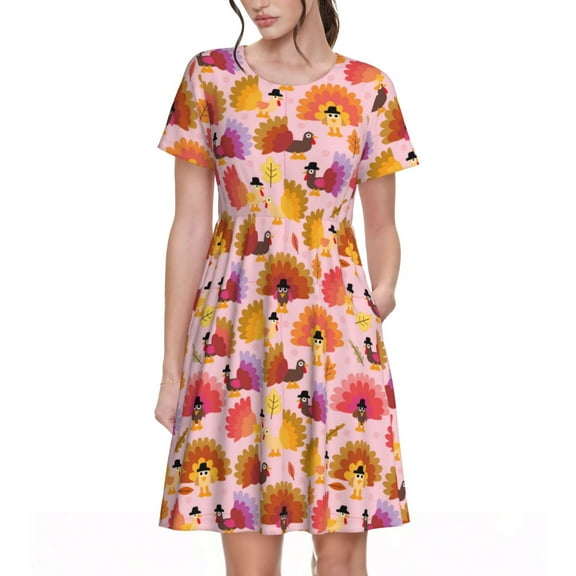 Ratiio Happy Thanksgiving Turkey Print Women's Short Sleeve Dress - Casual A-Line Dress with Side Pockets, Elastic Waist, Comfortable and Breathable Summer Dress