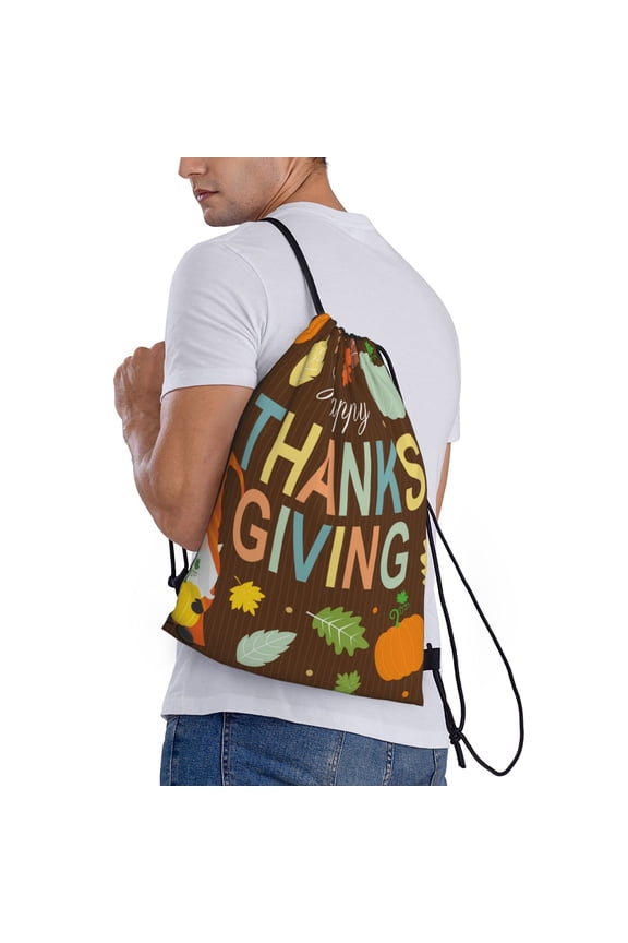 Happy Thanksgiving With Gnome Print Drawstring Backpack Bag Sport Gym Sackpack Heavy Duty String Backpack for Men Women