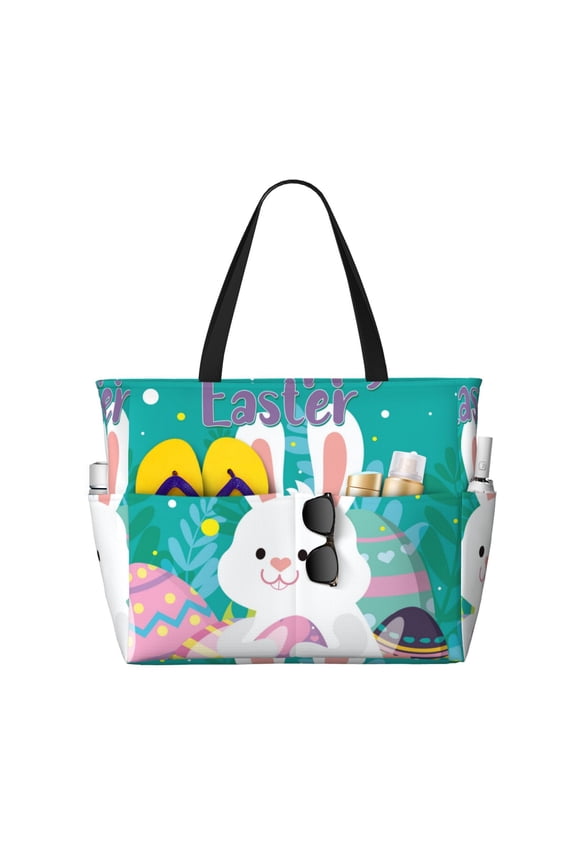 Happy easter Print Large Capacity Beach Travel Bag, Polyester Waterproof Tote Bag with Zipper for Vacation and Daily Use