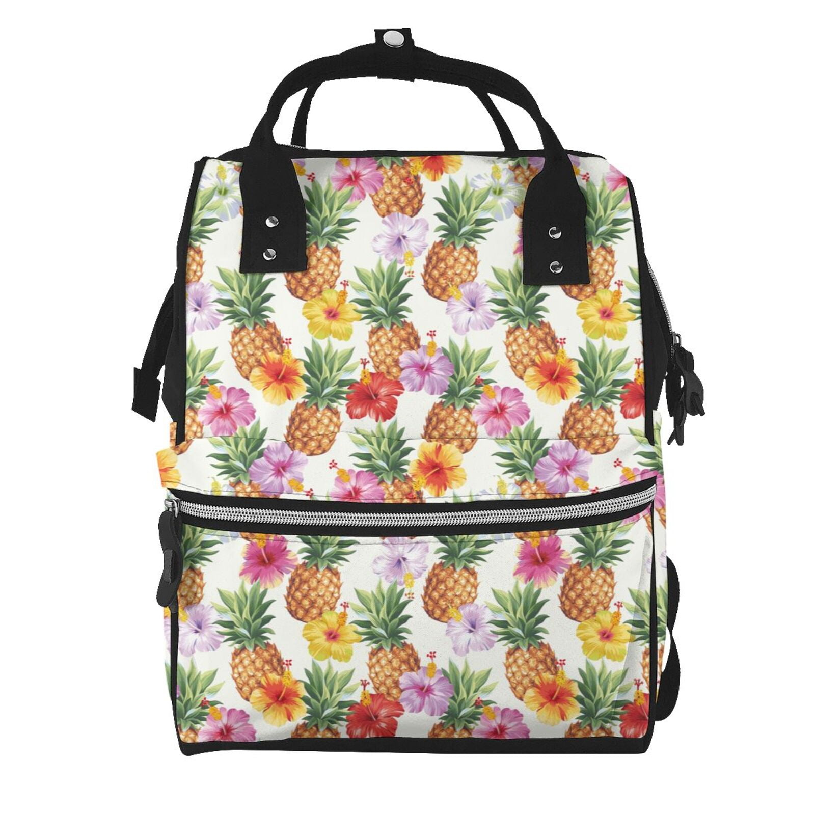 Ratiio Hawaiian Pineapples And Hibiscus Flowers Mummy Backpack - Waterproof Twill Canvas, Large Capacity Diaper Bag with Multiple Pockets and Adjustable Straps