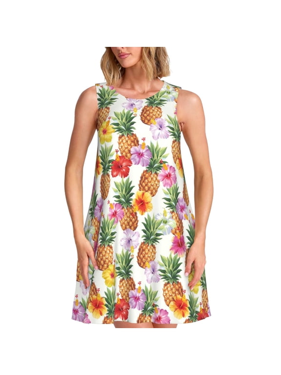 Hawaiian Pineapples And Hibiscus Flowers Pattern Women's Sleeveless Dress - Casual Summer Dress with Pockets, Above Knee Length, Round Neck, Ideal for Beach, Vacation, Work