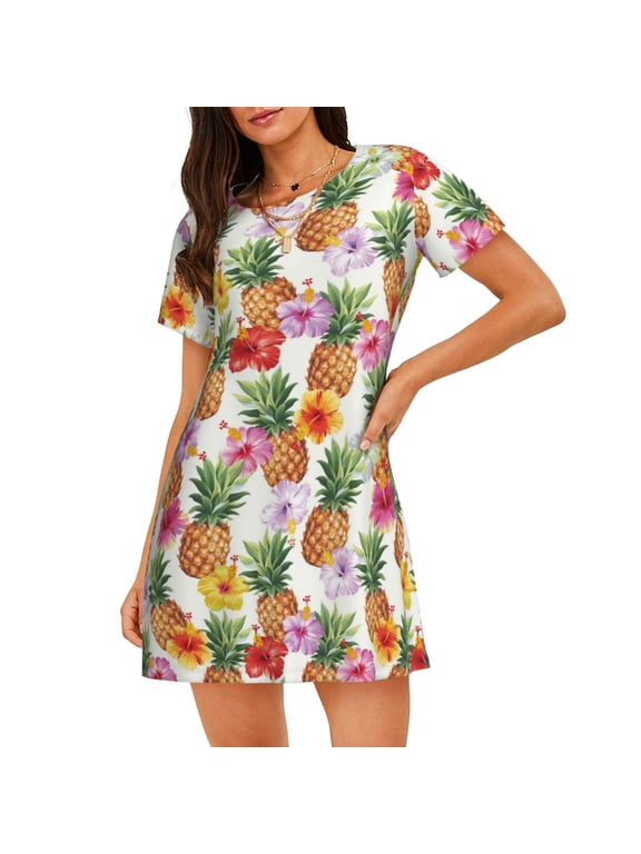 Hawaiian Pineapples And Hibiscus Flowers Print Women's Short-sleeved Nightdress - Casual A-line Sleeveless Sleepwear Dress for Summer, Comfortable and Breathable