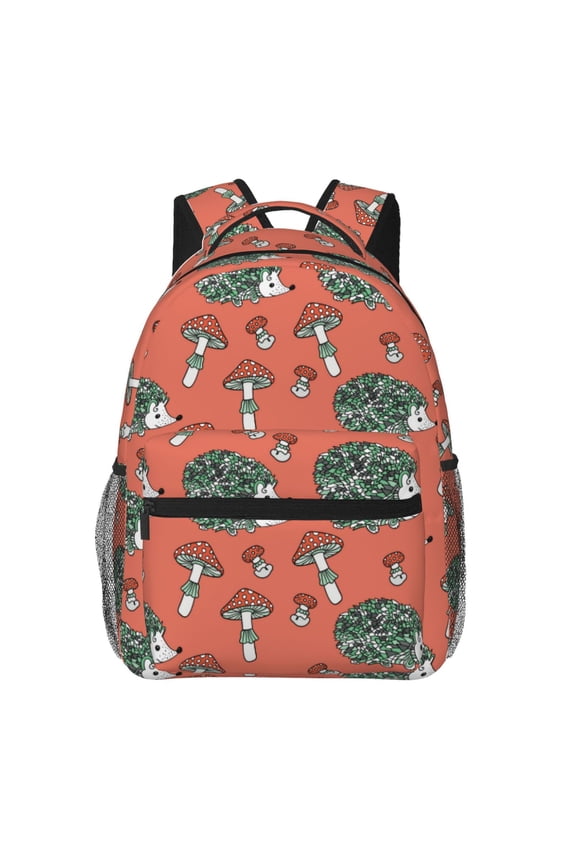 Hedgehog Mushroom Print Eco-Friendly Casual Backpack, Water-Resistant Polyester Canvas Daypack with Smooth Zippers, Comfortable & Durable Travel Bag with Laptop Compartment