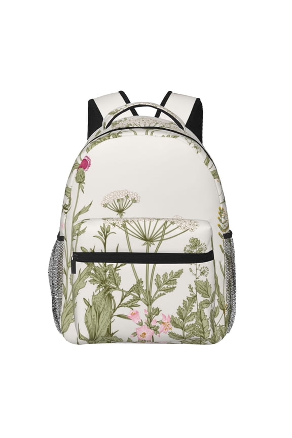 Herbs and Wildflowers Print Eco-Friendly Casual Backpack, Water-Resistant Polyester Canvas Daypack with Smooth Zippers, Comfortable & Durable Travel Bag with Laptop Compartment