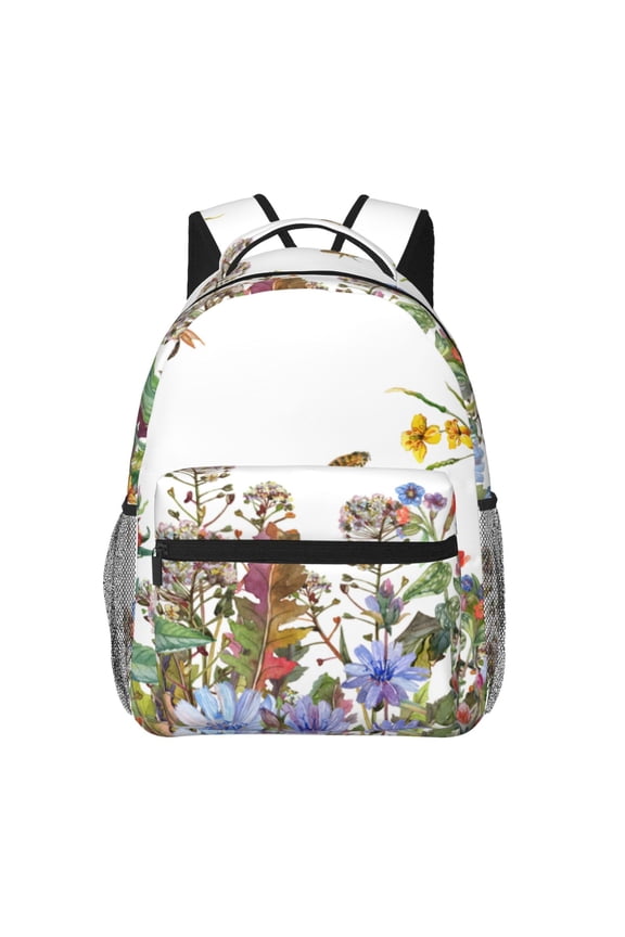 Herbs and Wildflowers Print Eco-Friendly Casual Backpack, Water-Resistant Polyester Canvas Daypack with Smooth Zippers, Comfortable & Durable Travel Bag with Laptop Compartment