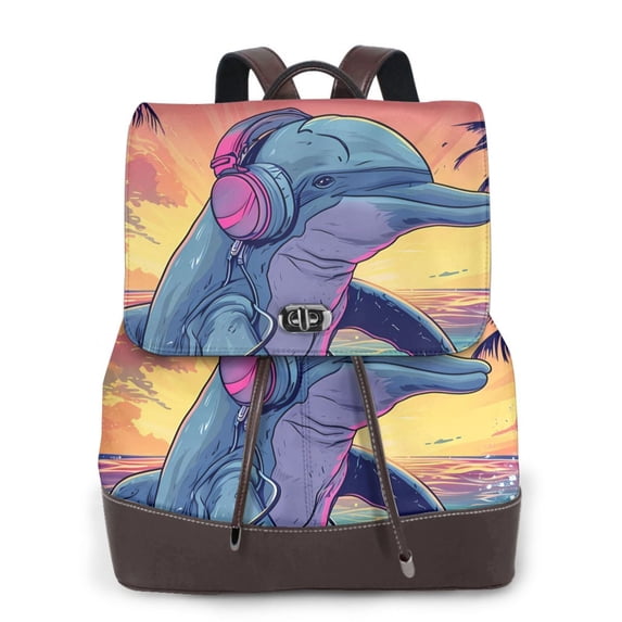 Ratiio Hip-Hop DJ Dolphin Pattern Womens Backpack Purse Leather Backpack Purse for Women Travel Fashion Backpack Designer Ladies Shoulder Bags