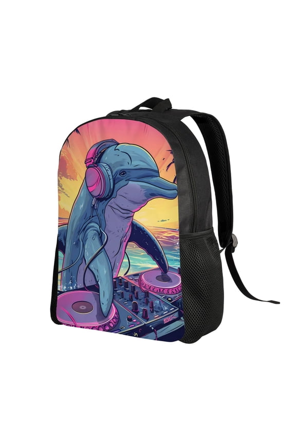 Hip-Hop DJ Dolphin Print Backpack with Padded 15-inch Laptop Sleeve- Spacious and Durable Daypack for Work and Travel
