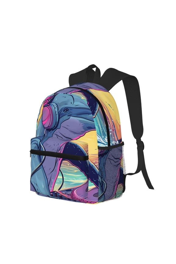 Hip-Hop DJ Dolphin Print Casual Backpack for Men and Women, Water Resistant Oxford Fabric School Bag Lightweight Travel Daypack