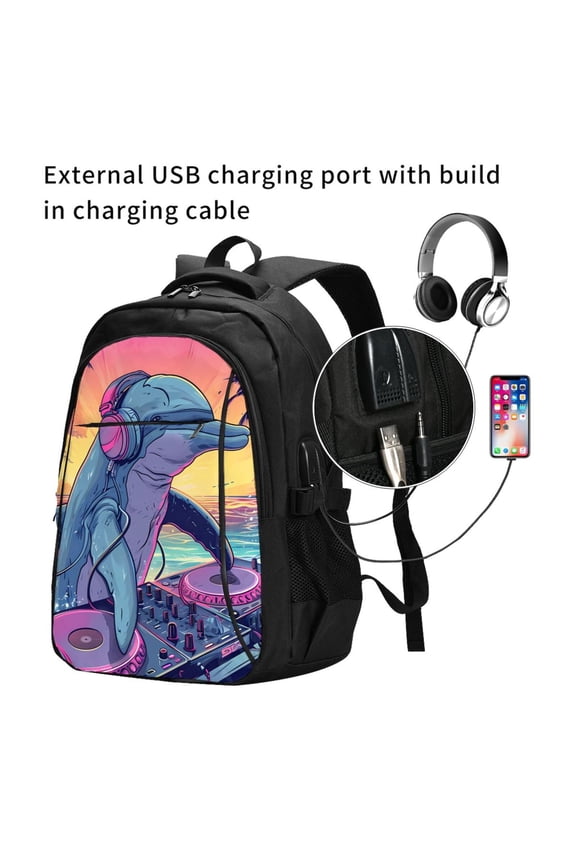 Hip-Hop DJ Dolphin Print Travel Laptop Backpack,Slim Sturdy Laptops Backpack with USB Charging Port, Water Resistant College School Computer Bag