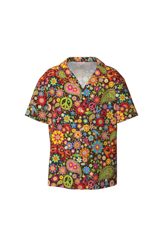 Hippie Peace Love Print Mens Casual Short Sleeve Shirts Button Down Textured Shirts Summer Beach Shirt with Pocket Men's Casual Short-sleeved Shirt