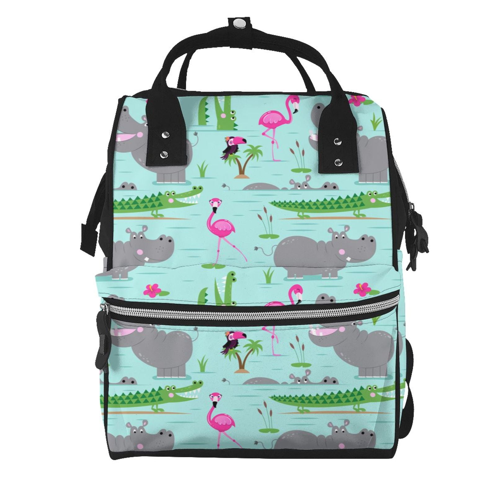 Ratiio Hippo With Flamingos And Crocodiles Mummy Backpack - Waterproof Twill Canvas, Large Capacity Diaper Bag with Multiple Pockets and Adjustable Straps