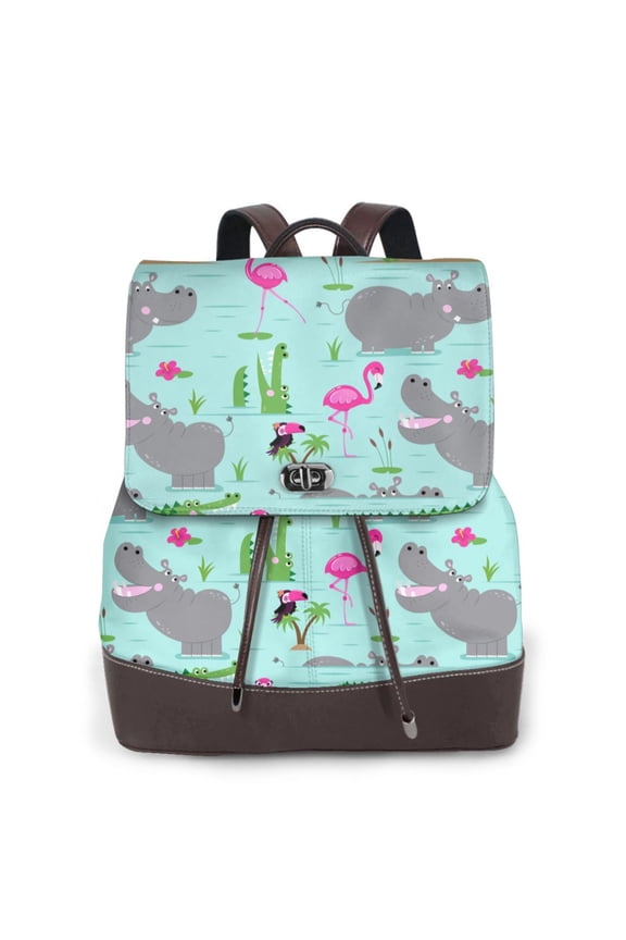 Hippo With Flamingos And Crocodiles Pattern Womens Backpack Purse Leather Backpack Purse for Women Travel Fashion Backpack Designer Ladies Shoulder Bags