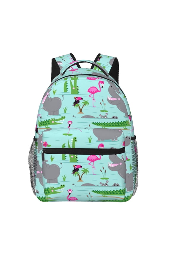 Hippo With Flamingos And Crocodiles Print Eco-Friendly Casual Backpack, Water-Resistant Polyester Canvas Daypack with Smooth Zippers, Comfortable & Durable Travel Bag with Laptop Compartment