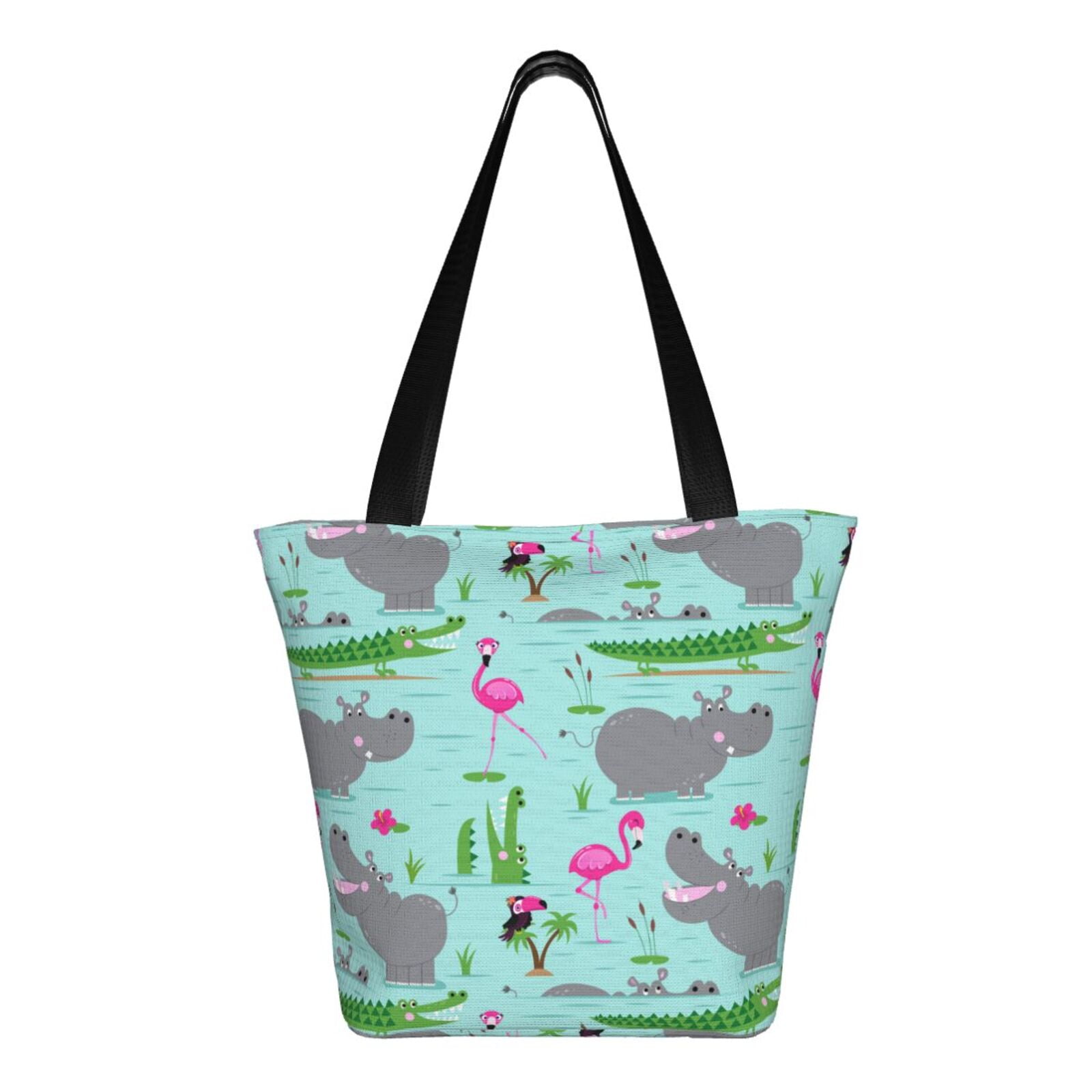 Ratiio Hippo With Flamingos And Crocodiles Print Shoulder Bag for Women, Polyester Crossbody Purse Lightweight Handbag for Daily Travel and Casual Use