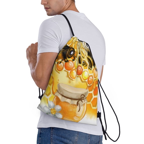 Ratiio Honey Bee Print Drawstring Backpack Bag Sport Gym Sackpack Heavy Duty String Backpack for Men Women