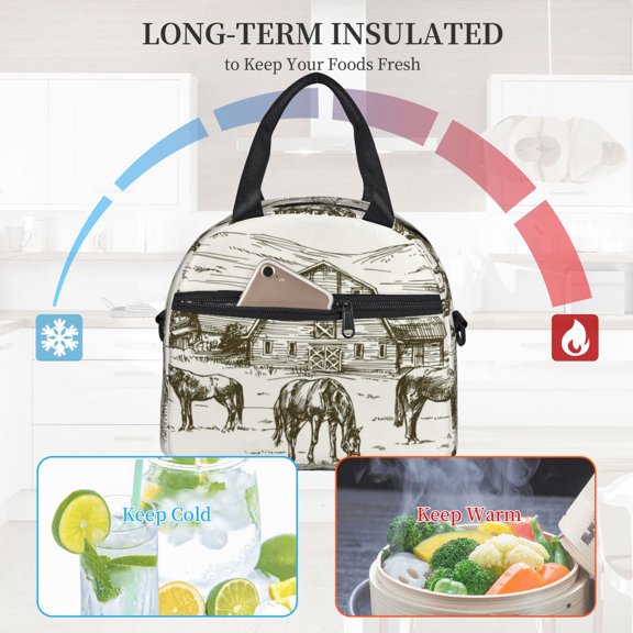 Ratiio Horses Grazing On Meadow Pattern Lunch Bag ,Insulated Lunch Box, Small Leakproof Cooler Food Lunch Containers Reusable High Capacity Lunch Tote Bags