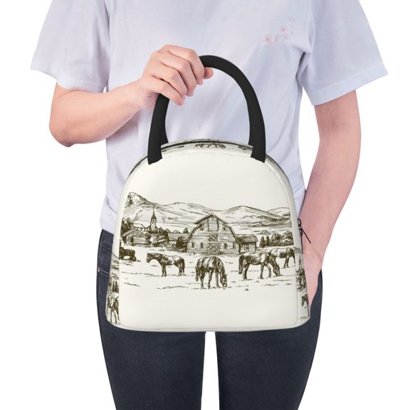 Ratiio Horses Grazing On Meadow Print Insulated Lunch Bag Women Reusable Lunch Box with Pocket for Work Picnic Travel