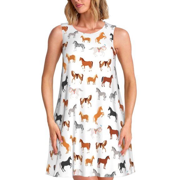 Ratiio Horses Pattern Women's Sleeveless Dress - Casual Summer Dress with Pockets, Above Knee Length, Round Neck, Ideal for Beach, Vacation, Work