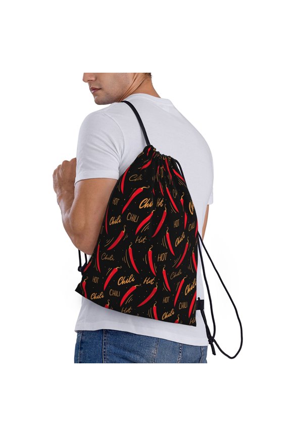Hot Chili Print Drawstring Backpack Bag Sport Gym Sackpack Heavy Duty String Backpack for Men Women