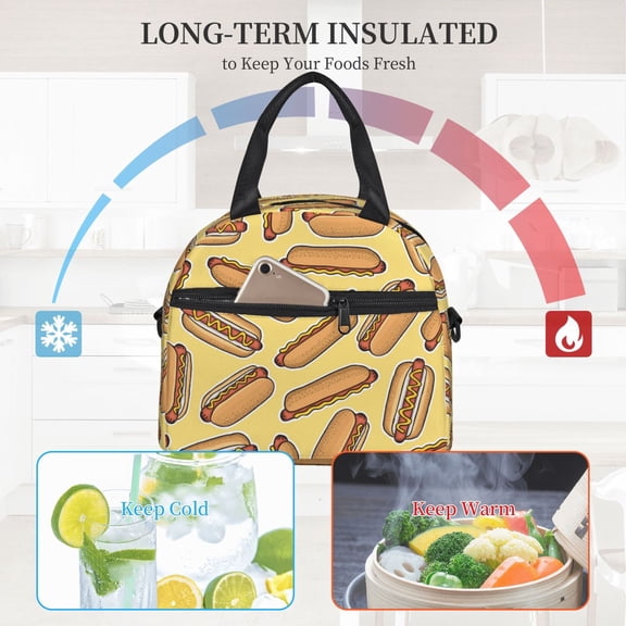 Ratiio Hot Dogs Pattern Lunch Bag ,Insulated Lunch Box, Small Leakproof Cooler Food Lunch Containers Reusable High Capacity Lunch Tote Bags