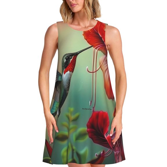 Ratiio Hummingbird Floral Paradise Pattern Women's Sleeveless Dress - Casual Summer Dress with Pockets, Above Knee Length, Round Neck, Ideal for Beach, Vacation, Work